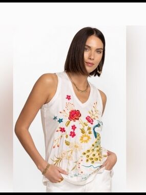 Johnny Was Celina Raw Edge V-Neck Embroidered Tank Top Size XXL